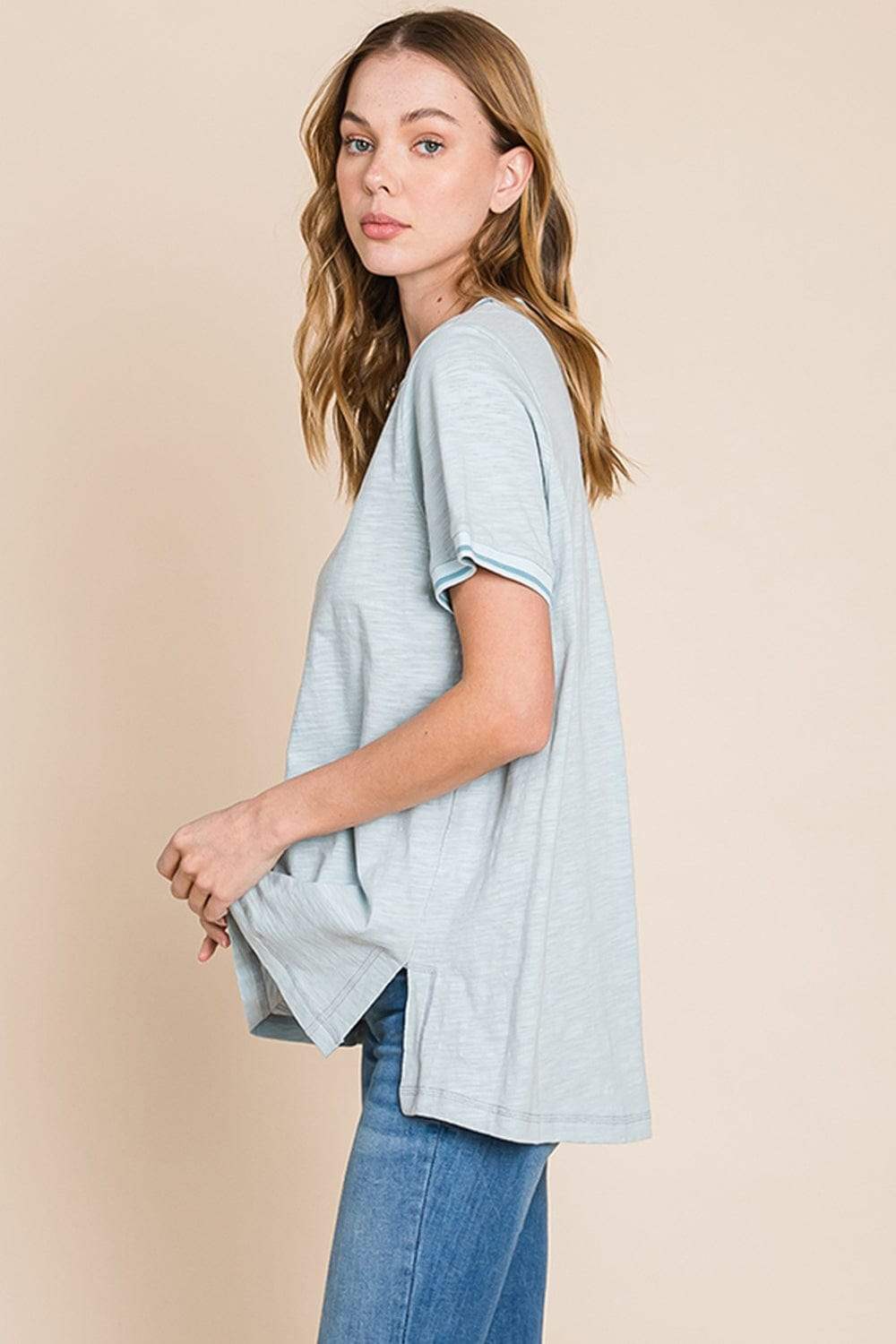 Cotton Bleu by Nu Lab Contrast Trim Short Sleeve Slit T-Shirt - Trendsi - Flyclothing LLC