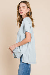 Cotton Bleu by Nu Lab Contrast Trim Short Sleeve Slit T-Shirt - Trendsi