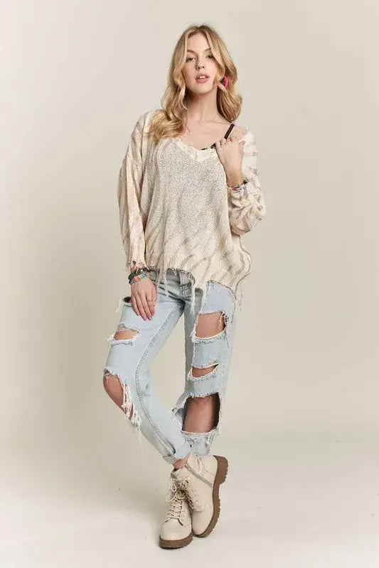 ADORA Frayed Zebra Knit Top - Trendsi - Flyclothing LLC