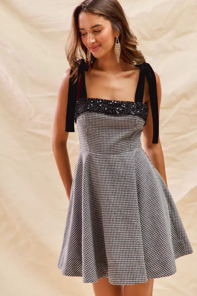 SO ME Houndstooth Fit Flare Mini Dress with Shoulder Tie - Trendsi - Flyclothing LLC
