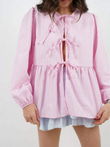 Tied Round Neck Long Sleeve Blouse - Trendsi - Flyclothing LLC
