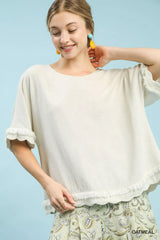 Umgee Linen Frayed Hem Scallop Edge Top - Trendsi - Flyclothing LLC