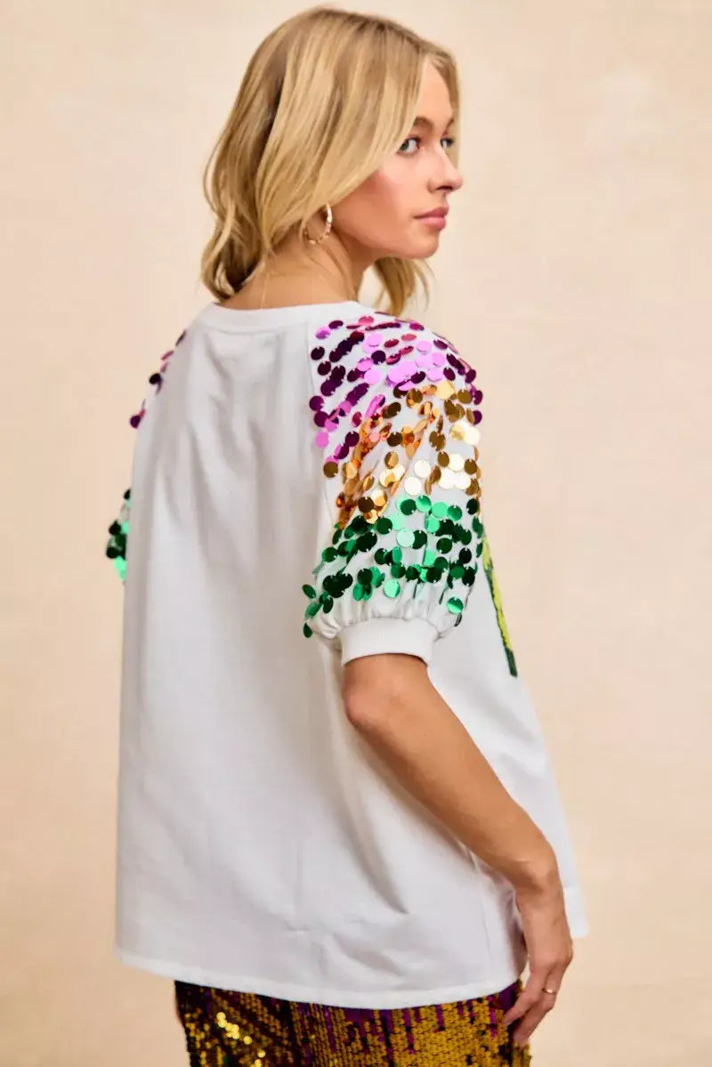 BiBi Sequin Mardi Gras Bottles Spangled Sleeve Top - Trendsi - Flyclothing LLC