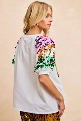 BiBi Sequin Mardi Gras Bottles Spangled Sleeve Top - Trendsi - Flyclothing LLC
