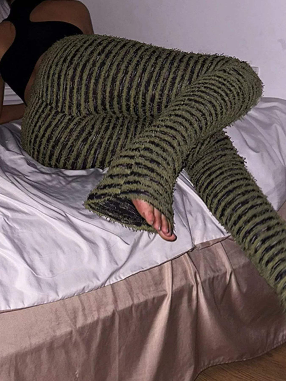 Striped Fuzzy Textured Knit Pants - Trendsi - Flyclothing LLC