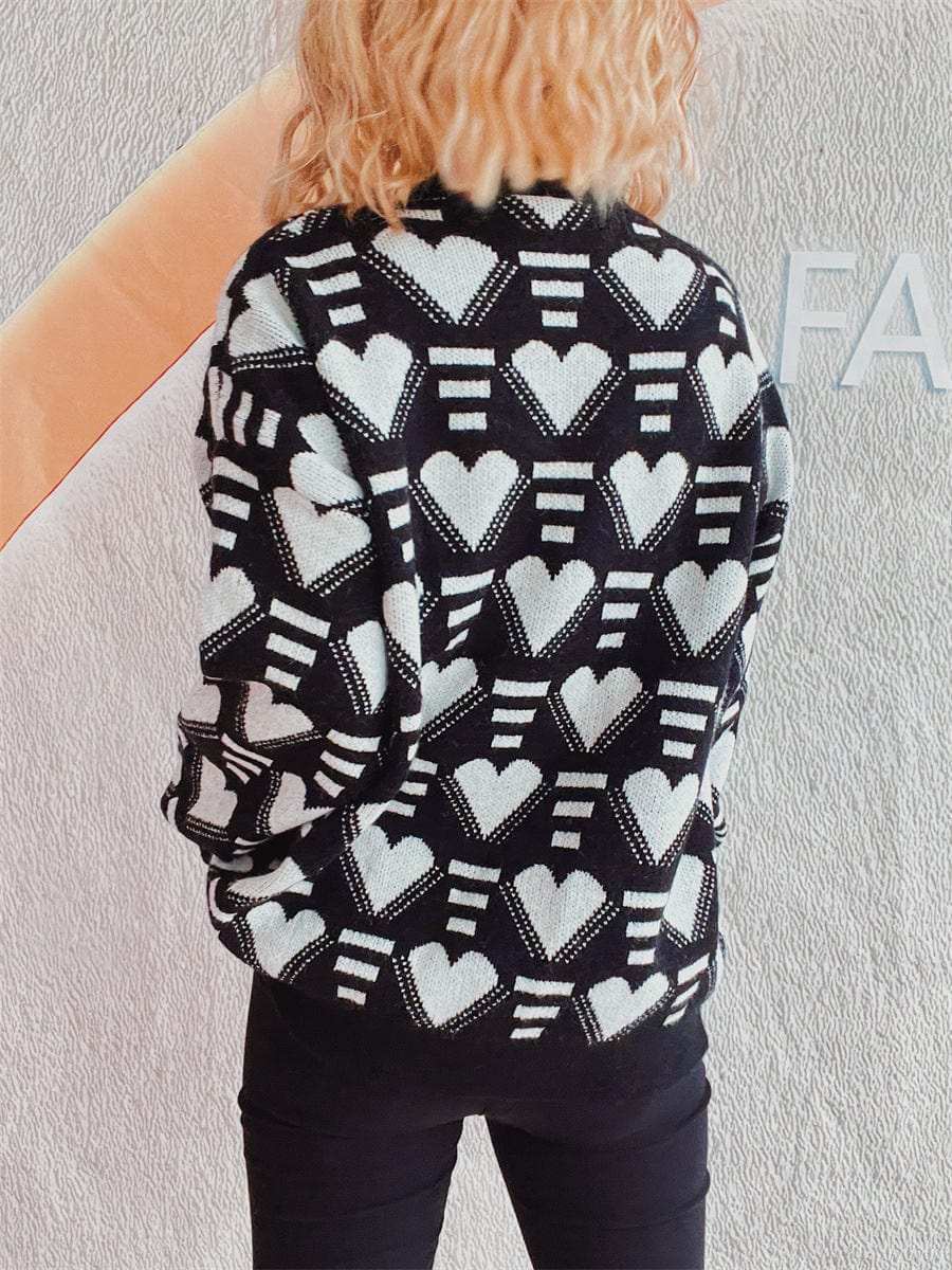 Heart Contrast Long Sleeve Dropped Shoulder Sweater - Trendsi - Flyclothing LLC
