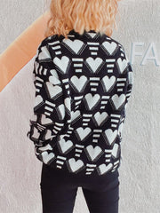 Heart Contrast Long Sleeve Dropped Shoulder Sweater - Trendsi