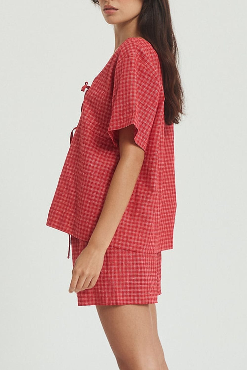 Plaid Tied Scoop Neck Short Sleeve Top and Drawstring Shorts Set - Trendsi