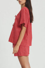 Plaid Tied Scoop Neck Short Sleeve Top and Drawstring Shorts Set - Trendsi - Flyclothing LLC