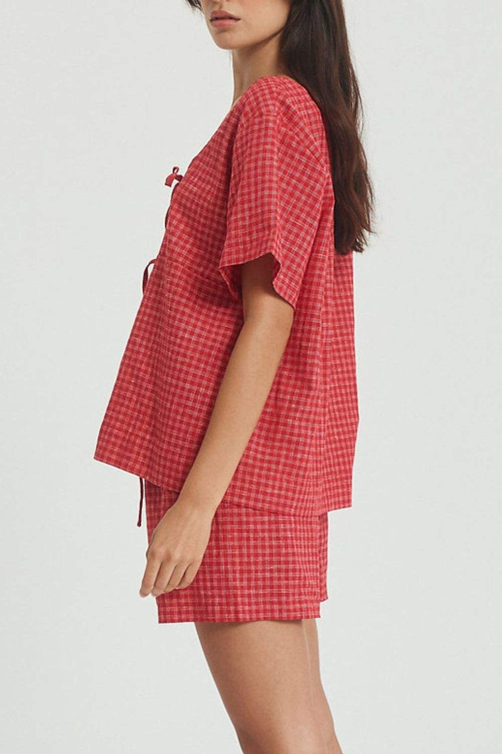 Plaid Tied Scoop Neck Short Sleeve Top and Drawstring Shorts Set - Trendsi - Flyclothing LLC
