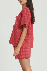 Plaid Tied Scoop Neck Short Sleeve Top and Drawstring Shorts Set - Trendsi