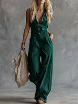 Western Sleeveless Wide-Leg Button-Down Jumpsuit - Trendsi - Flyclothing LLC