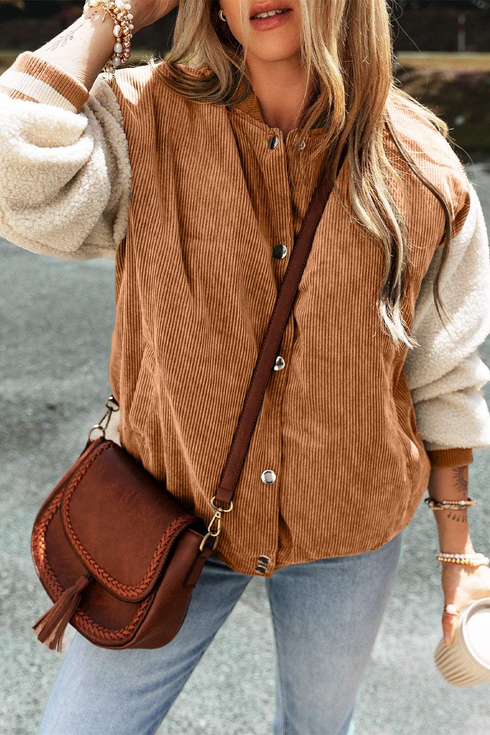 Contrast Baseball Collar Snap Down Long Sleeve Jacket - Trendsi - Flyclothing LLC