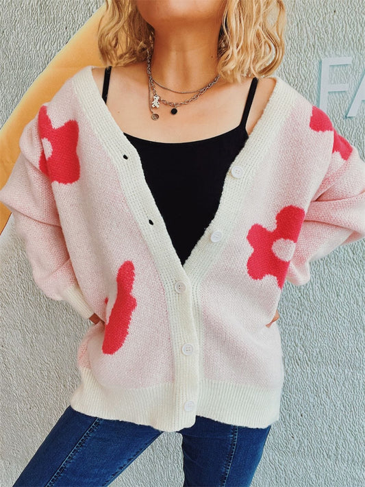 Flower Button Down V-Neck Long Sleeve Cardigan - Trendsi