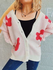 Flower Button Down V-Neck Long Sleeve Cardigan - Trendsi