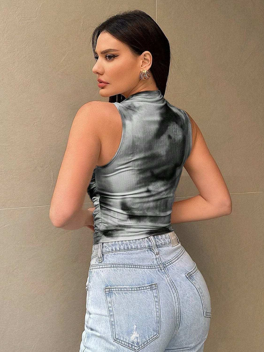 Printed Mock Neck Ruched Tank - Trendsi - Flyclothing LLC