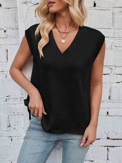 Lovelet Ribbed Slit V-Neck Sweater Vest - Trendsi - Flyclothing LLC