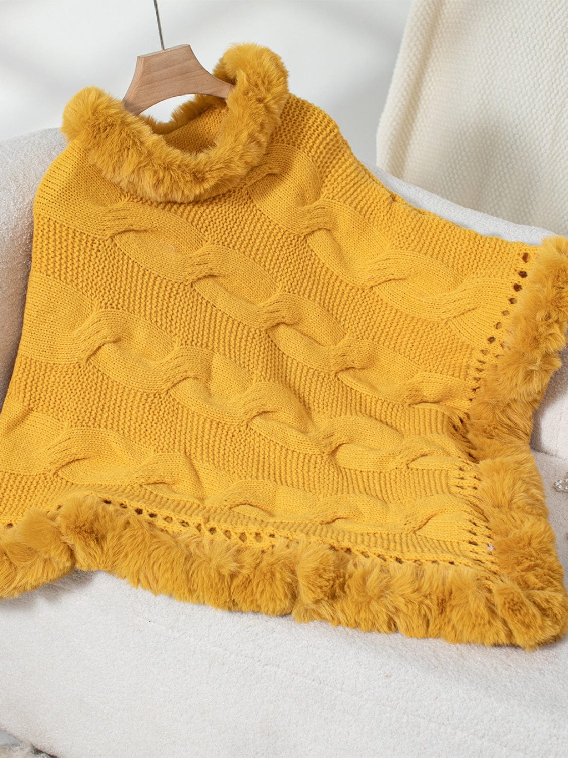 Fuzzy Hem Cable-Knit Poncho - Trendsi