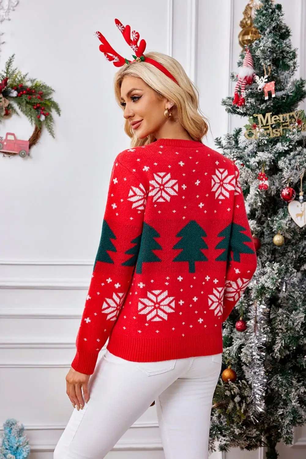 Christmas Tree Round Neck Long Sleeve Sweater - Trendsi - Flyclothing LLC