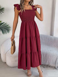 Smocked Square Neck Cap Sleeve Midi Dress - Trendsi - Flyclothing LLC