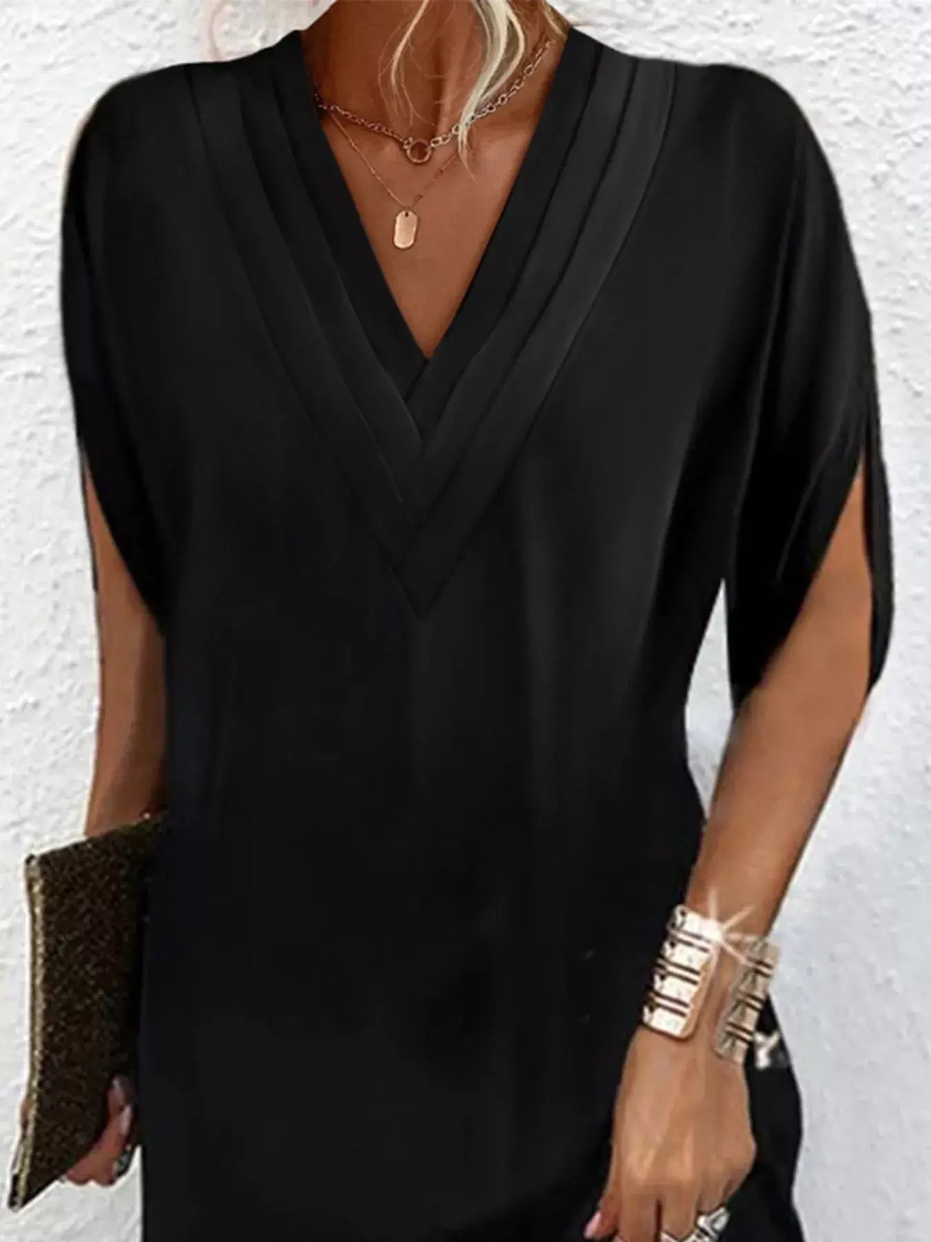 Full Size V-Neck Slit Sleeve Mini Dress Plus Size - Trendsi - Flyclothing LLC