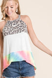 BiBi Leopard and Tie Dye Block Halter Neck Top - Trendsi