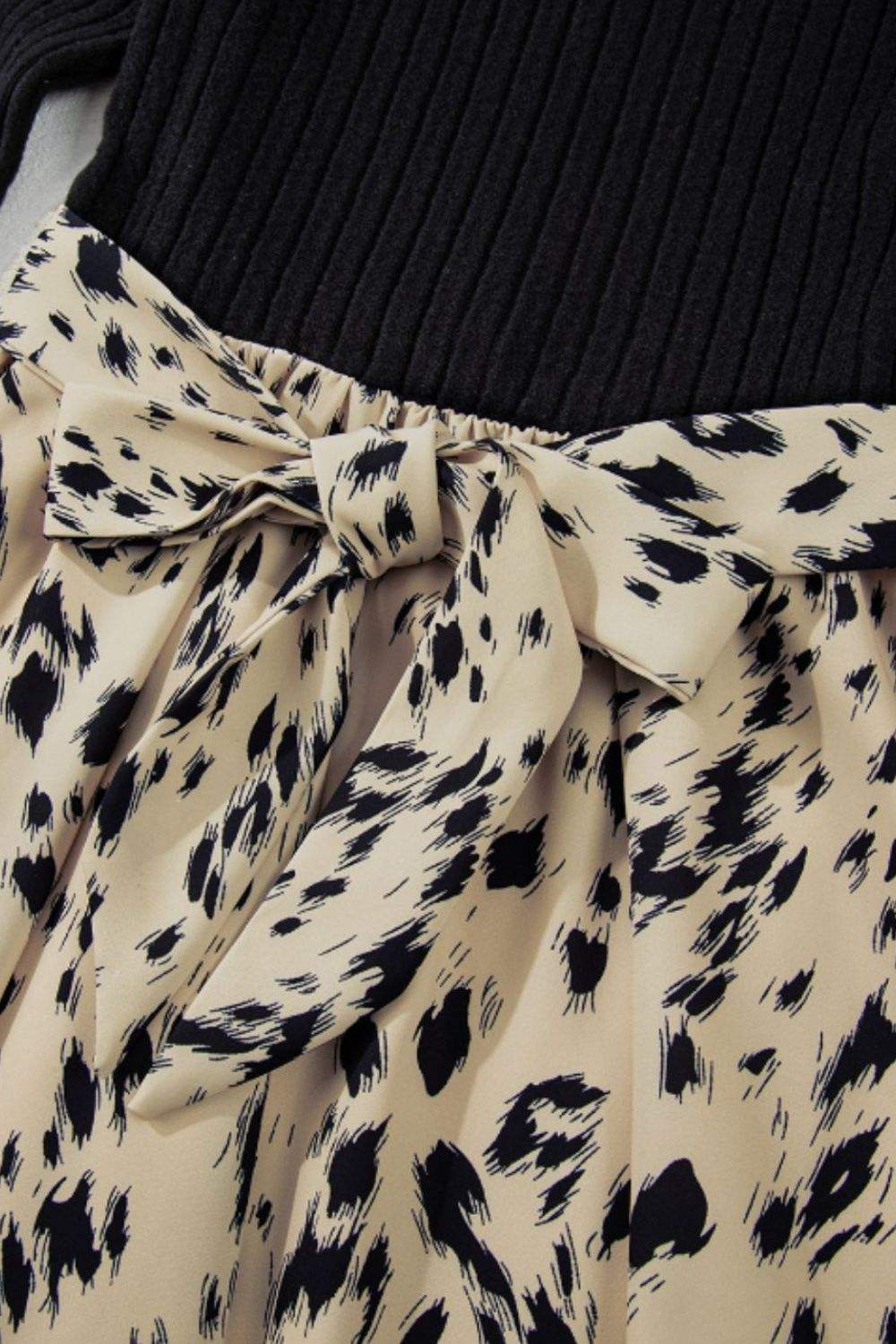 Printed Tie Waist Mock Neck Long Sleeve Dress - Trendsi - Flyclothing LLC