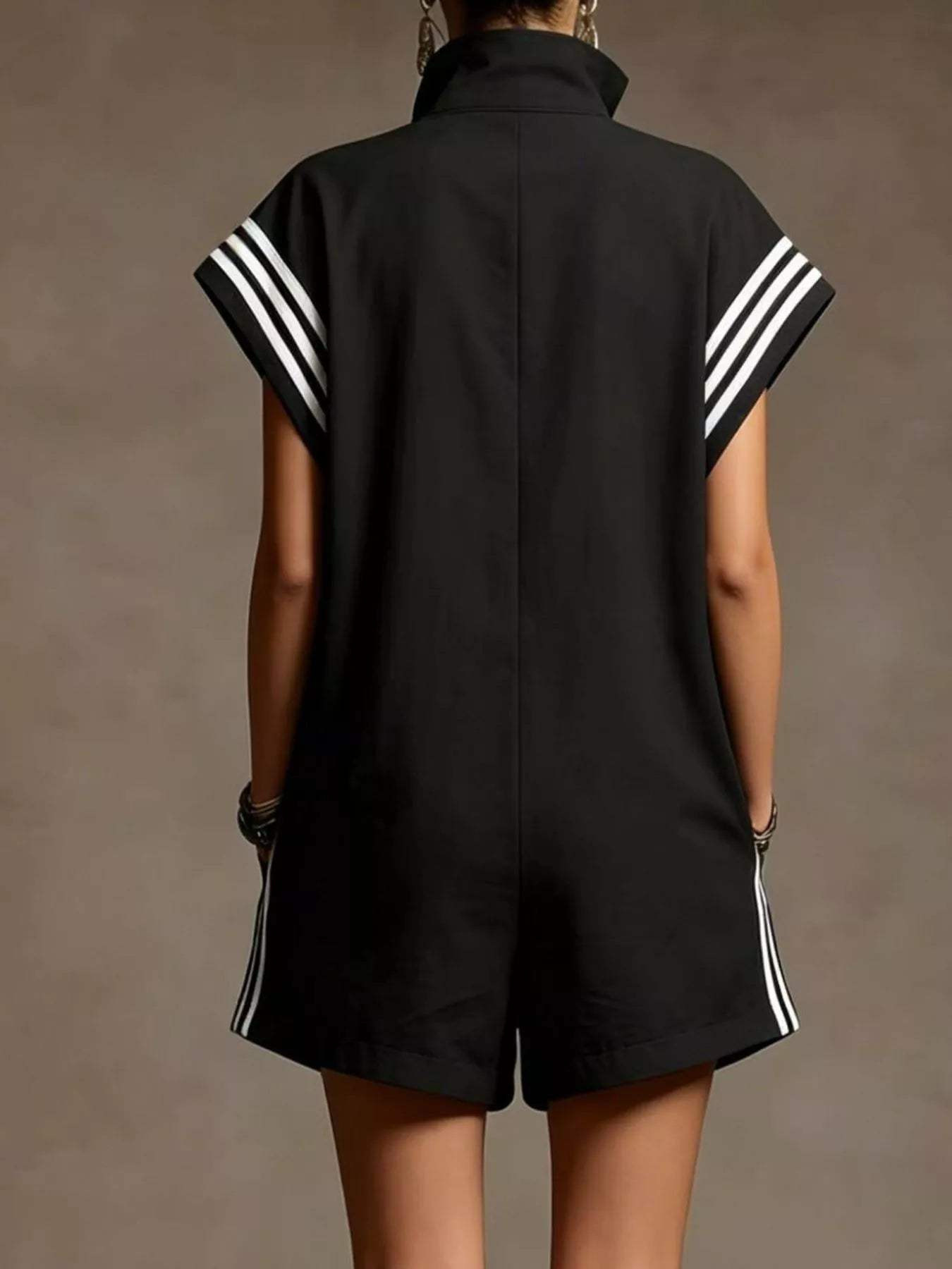 Striped Zip Front Short Sleeve Romper - Trendsi - Flyclothing LLC