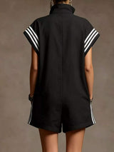 Striped Zip Front Short Sleeve Romper - Trendsi - Flyclothing LLC