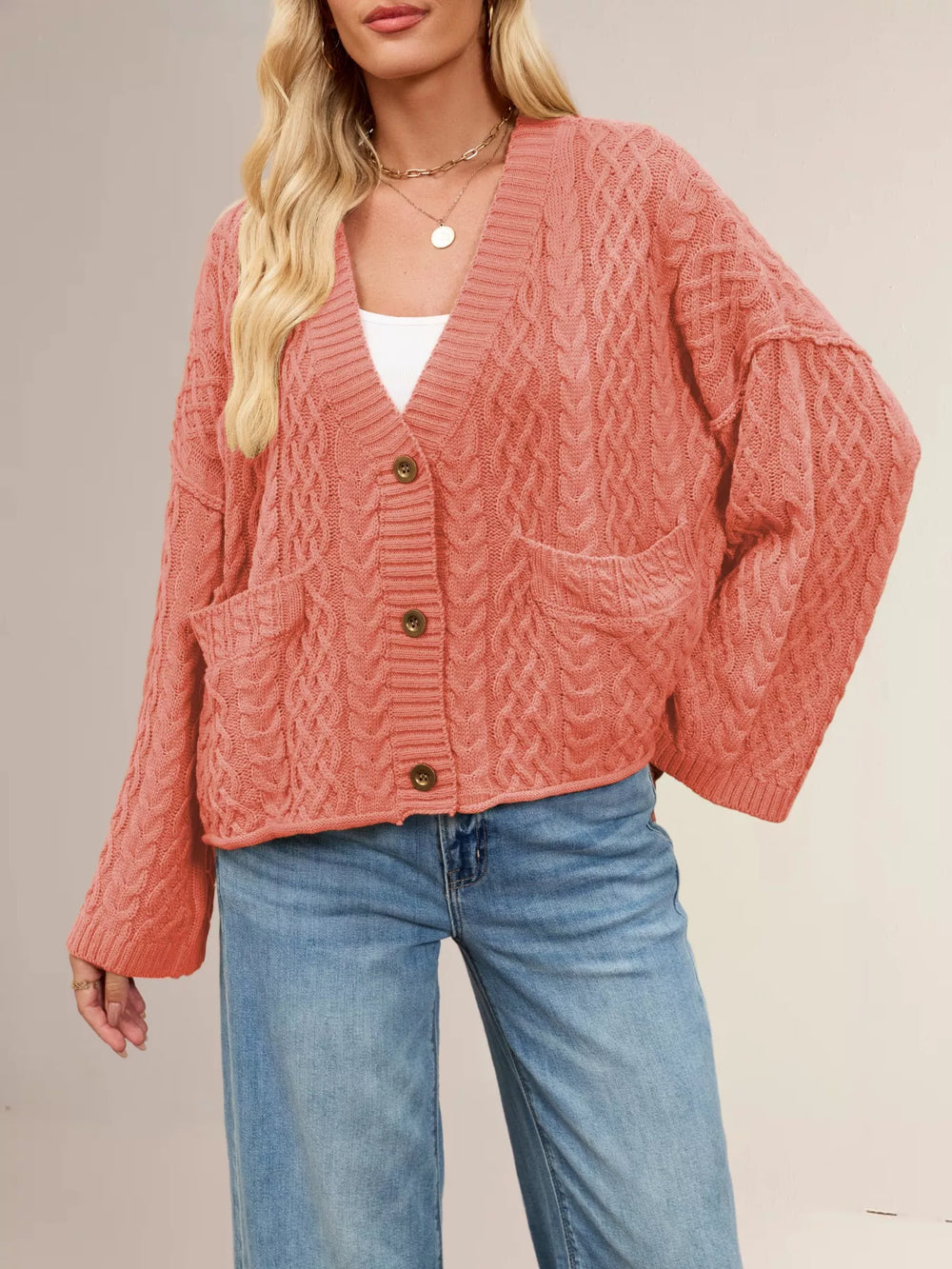 Cable Knit Button-Down Cardigan - Trendsi - Flyclothing LLC