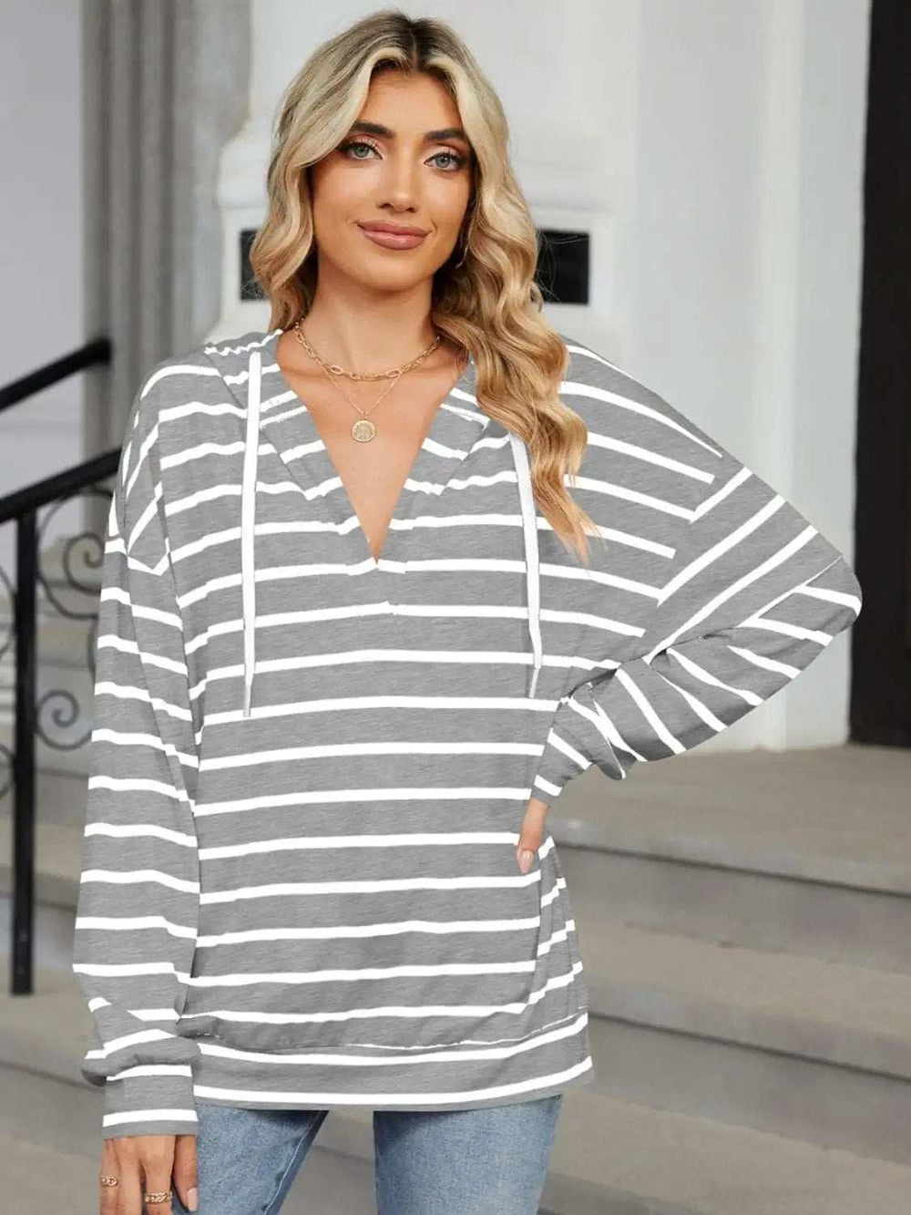 Drawstring Striped Long Sleeve Hoodie - Trendsi - Flyclothing LLC