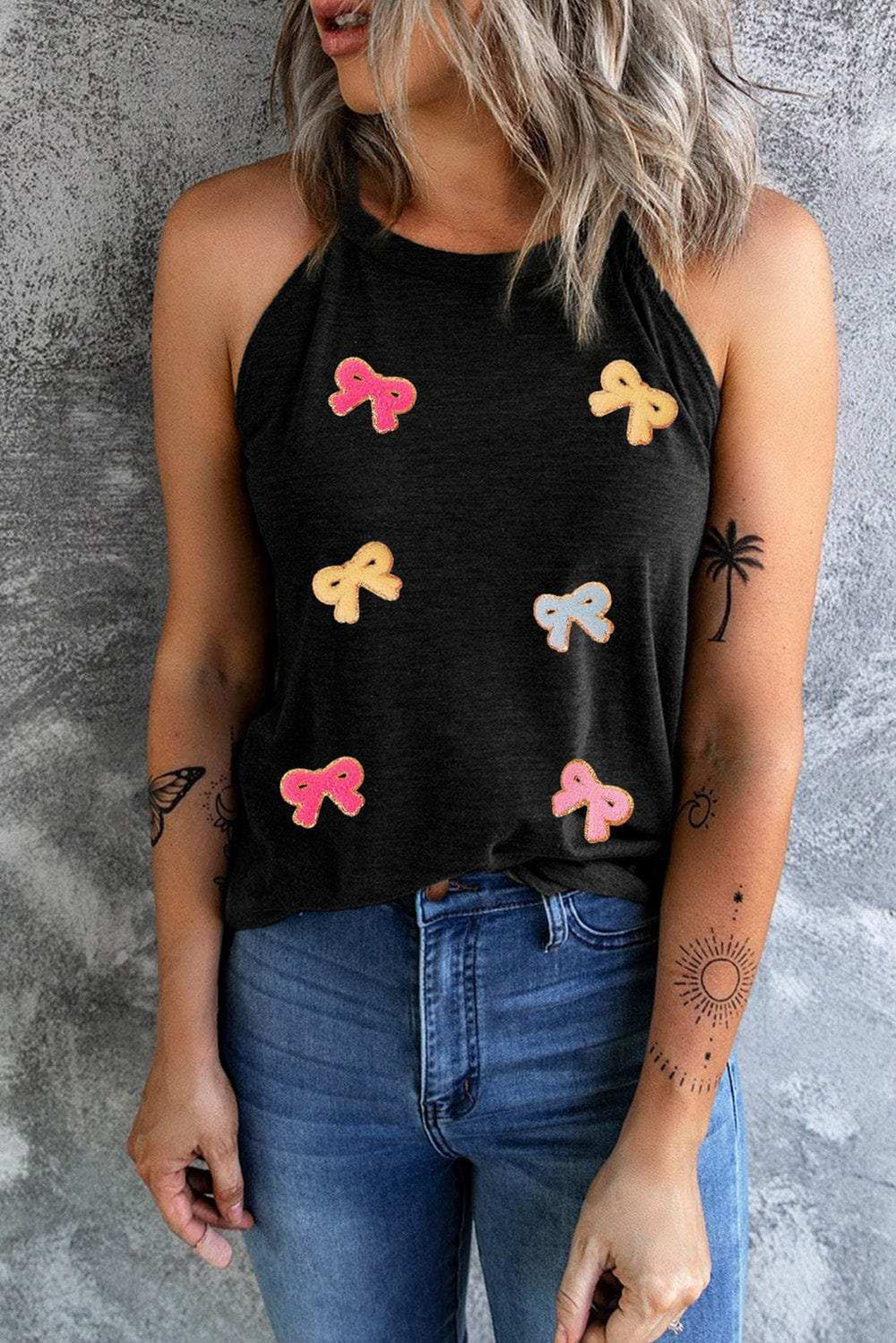 Bow Print Grecian Neck Tank - Trendsi - Flyclothing LLC
