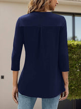 Notched Three-Quarter Sleeve T-Shirt - Trendsi - Flyclothing LLC
