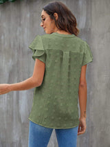 Swiss Dot Notched Cap Sleeve Blouse - Trendsi - Flyclothing LLC