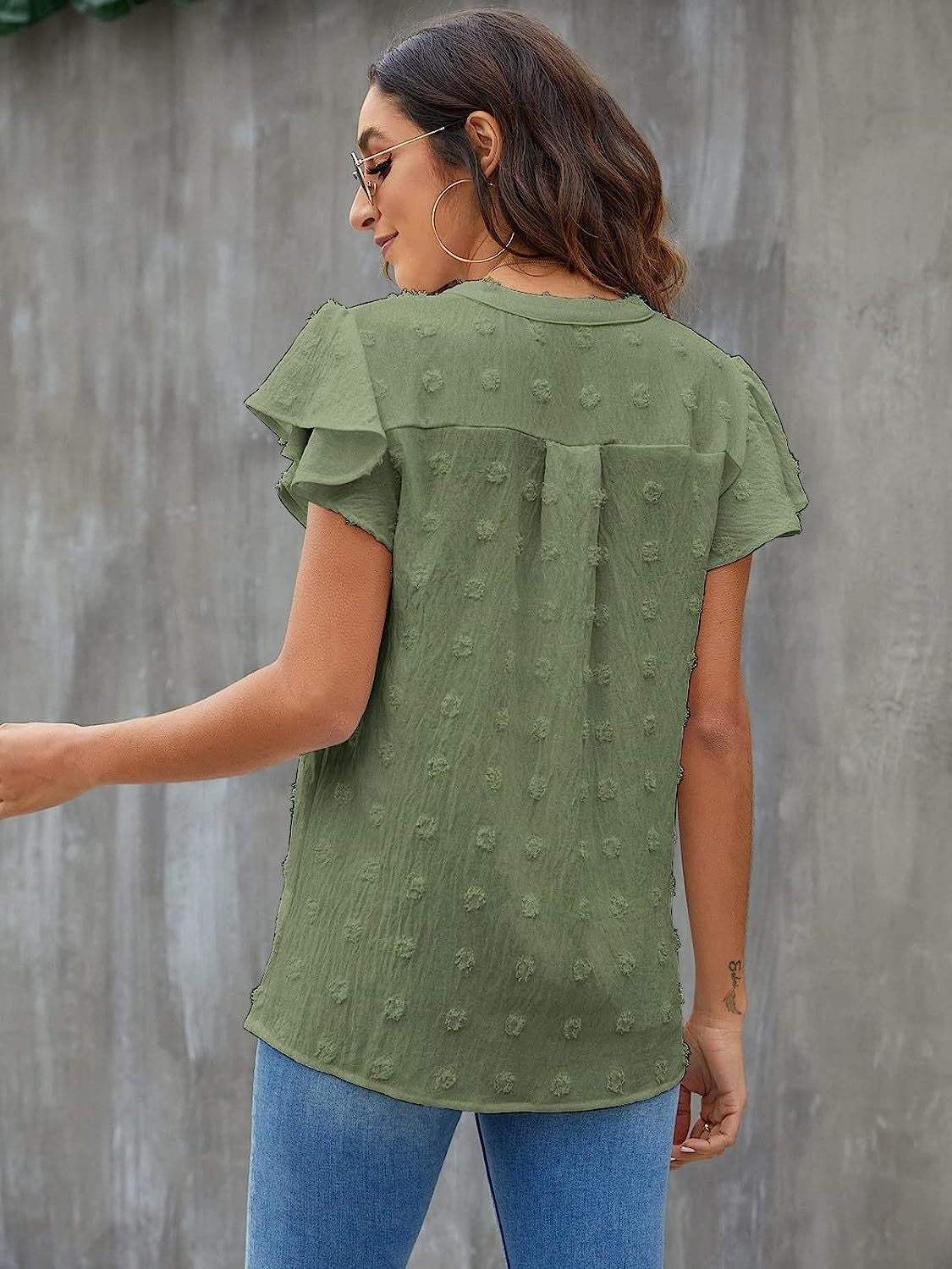 Swiss Dot Notched Cap Sleeve Blouse - Trendsi - Flyclothing LLC