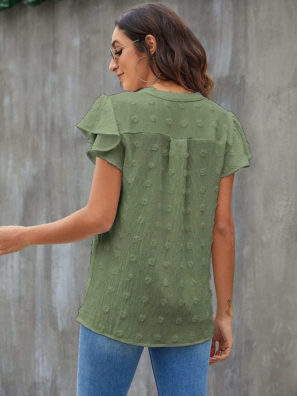 Swiss Dot Notched Cap Sleeve Blouse - Trendsi - Flyclothing LLC