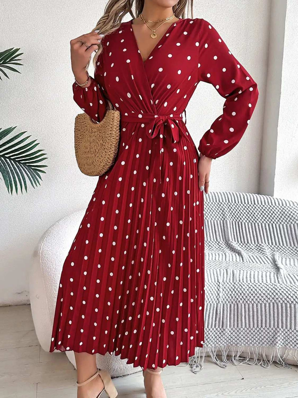 Tied Polka Dot Long Sleeve Midi Dress - Trendsi - Flyclothing LLC