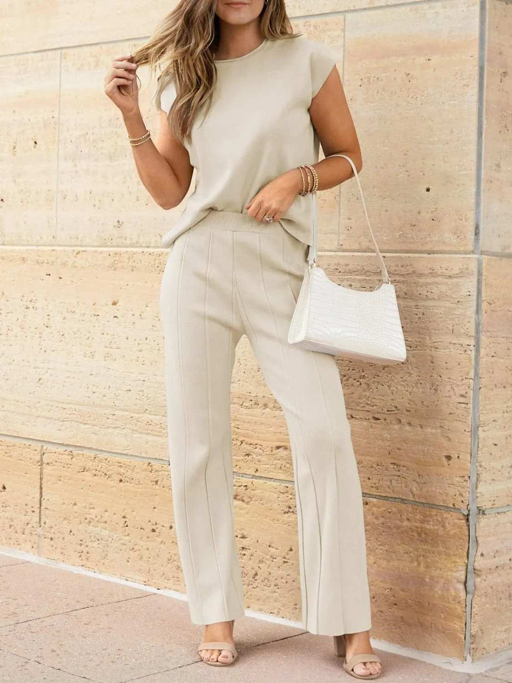 Round Neck Cap Sleeve Top and Pants Knit Set - Trendsi - Flyclothing LLC