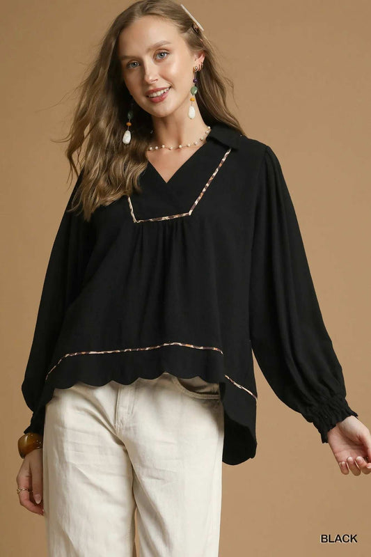 Umgee Full Size Linen Scallop Hem Blouse with Contrast Trim Plus Size - Trendsi - Flyclothing LLC