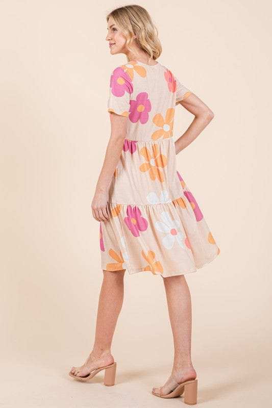 BOMBOM Floral Round Neck Short Sleeve Tiered Dress - Trendsi - Flyclothing LLC