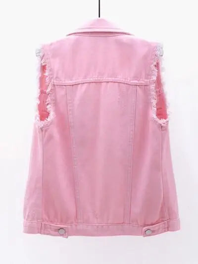 Full Size Button Down Raw Hem Sleeveless Denim Jacket Plus Size - Trendsi - Flyclothing LLC