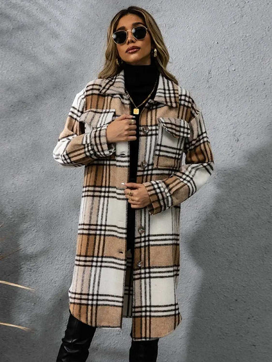 Plaid Collared Neck Long Sleeve Coat - Trendsi - Flyclothing LLC
