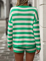 Striped Round Neck Top and Shorts Sweater Set - Trendsi - Flyclothing LLC