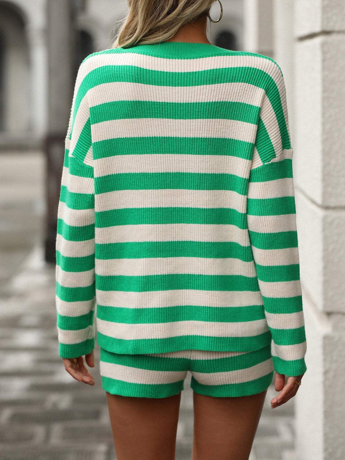 Striped Round Neck Top and Shorts Sweater Set - Trendsi - Flyclothing LLC