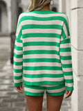 Striped Round Neck Top and Shorts Sweater Set - Trendsi