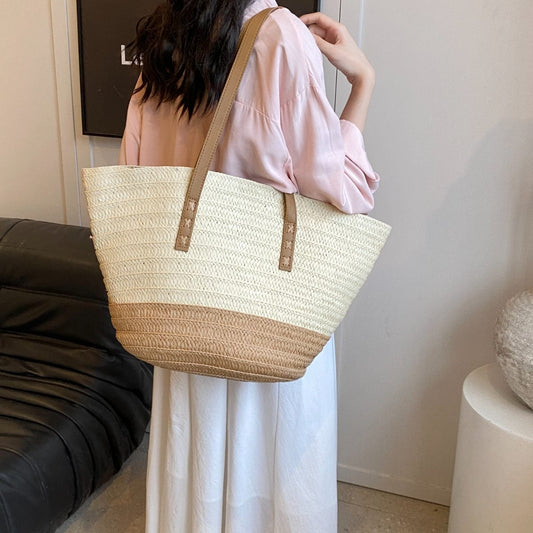 Contrast Straw Braided Handbag - Trendsi