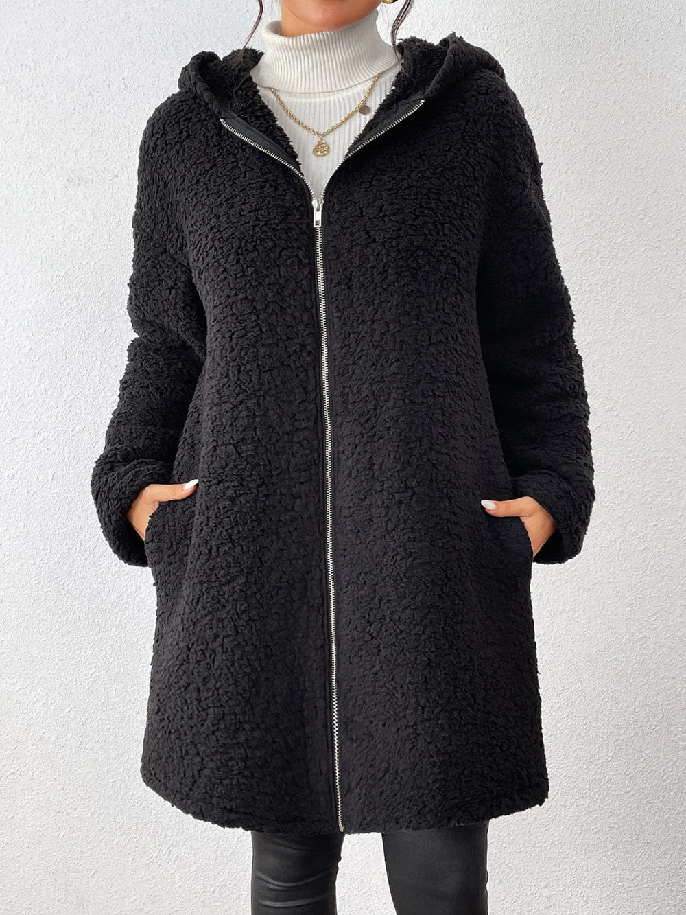 Zip Up Long Sleeve Sherpa Hooded Coat - Trendsi