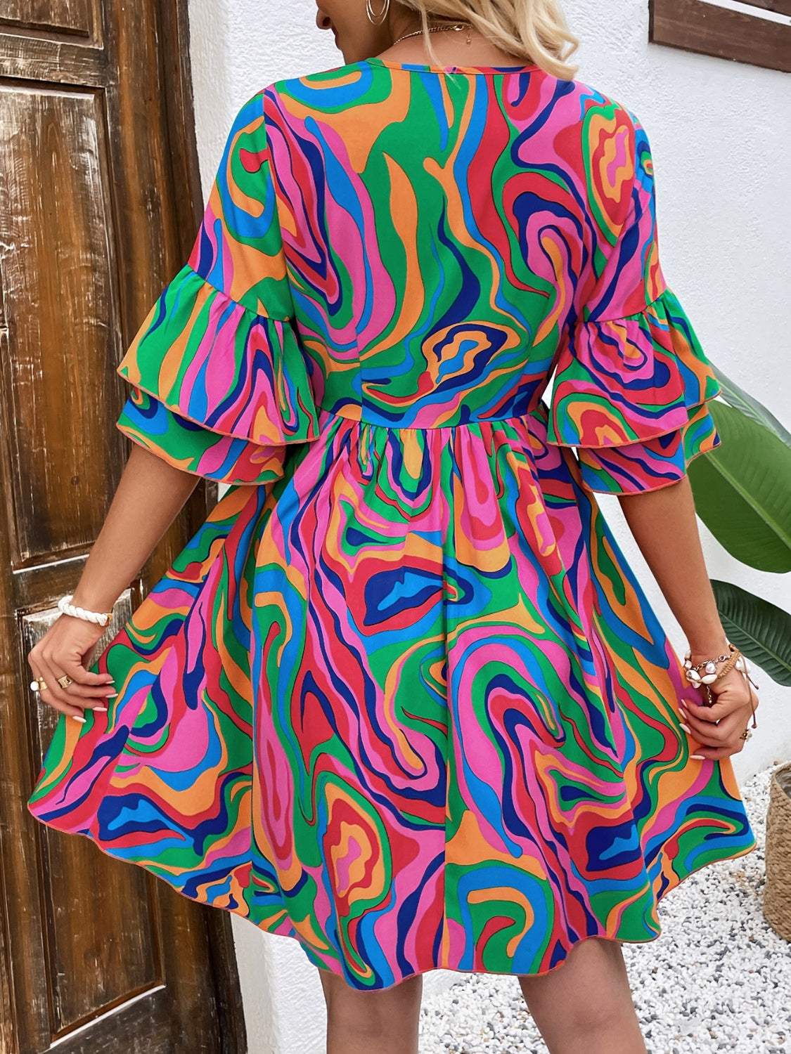 Ruffled Printed V-Neck Half Sleeve Mini Dress - Trendsi - Flyclothing LLC