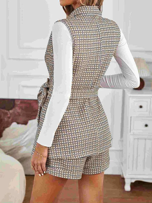 Tied Plaid Collared Neck Vest and Shorts Set - Trendsi - Flyclothing LLC