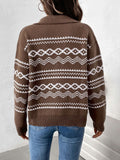 Perfee Geometric Zip Up Collared Neck Long Sleeve Cardigan - Trendsi